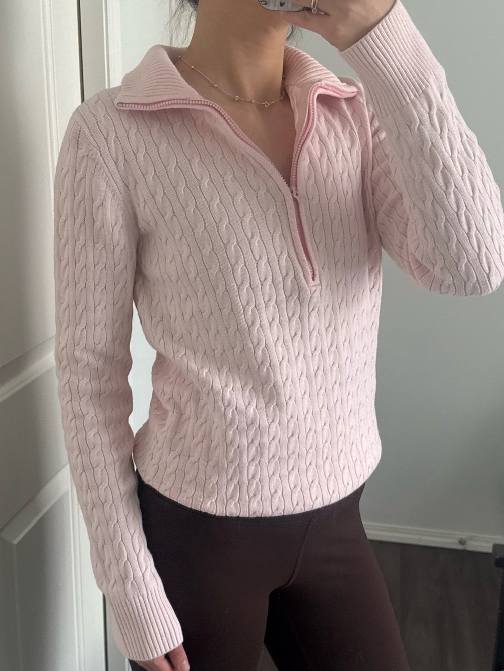 Polo Jeans Co. Ralph Lauren Pink Cable Knit Quarter-Zip Sweater - Size M